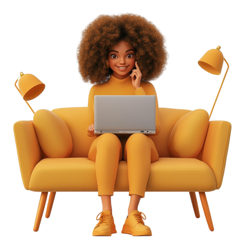 Woman with curly hair sitting on a cozy yellow couch while working on a laptop looks focused and comfortable png