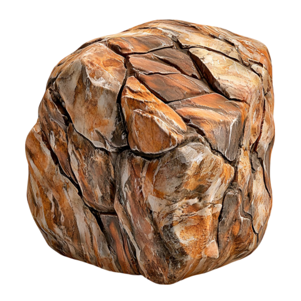 Cubeshaped rock with a rugged textured surface and natural brown tones looks solid and png