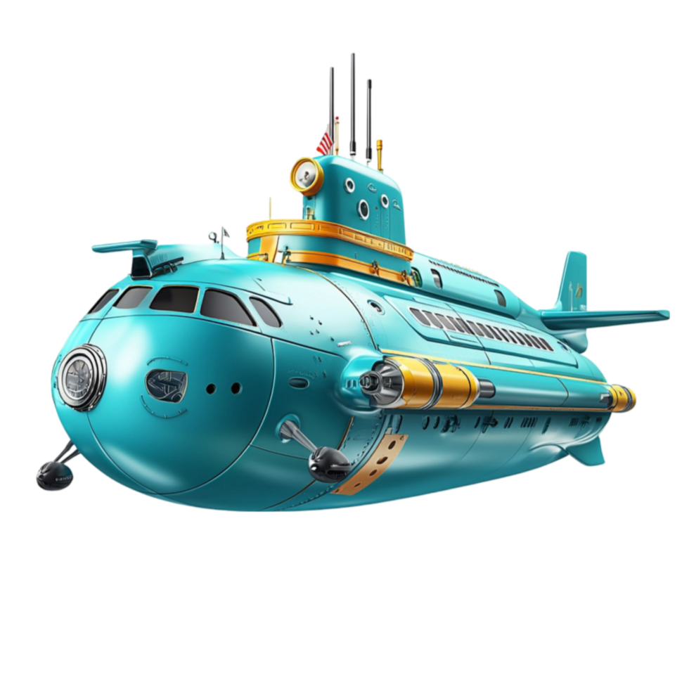 Blue submarine with a sleek design floats in the ocean with advanced technology png