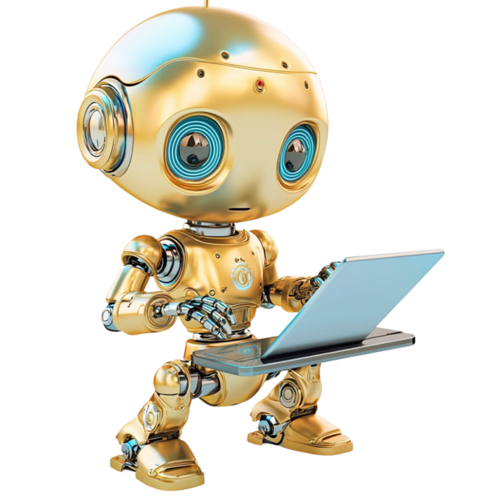 Futuristic golden robot holding a laptop symbolizes advanced technology and innovation png