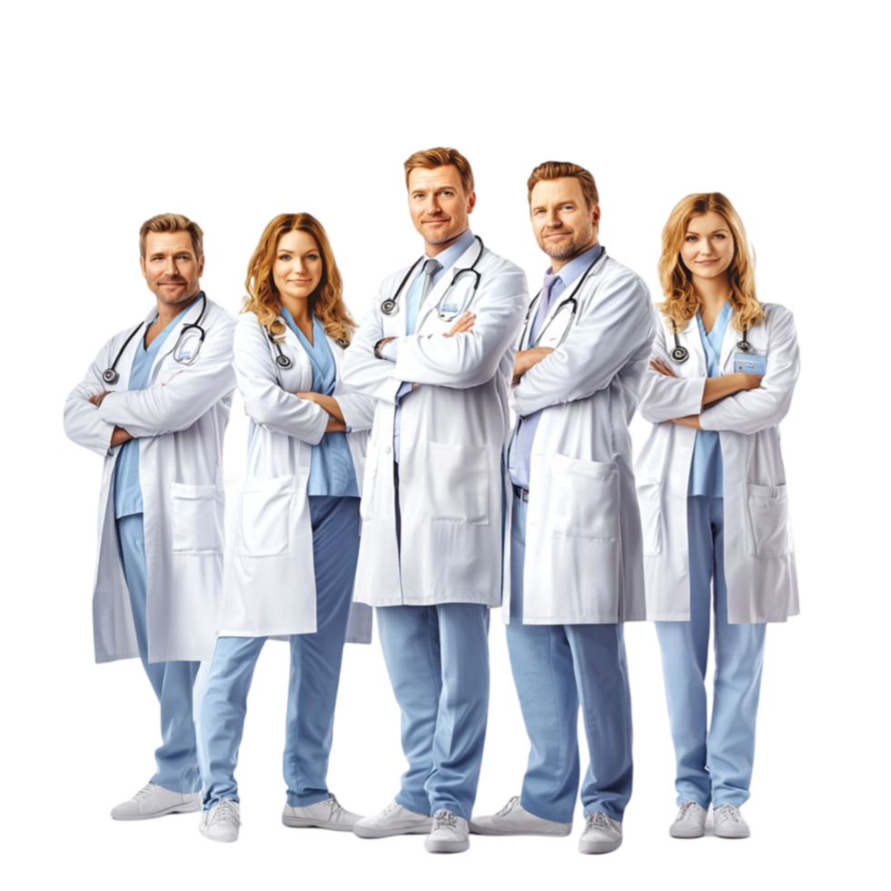 Group of doctors in white lab coats stands confidently with arms crossed png