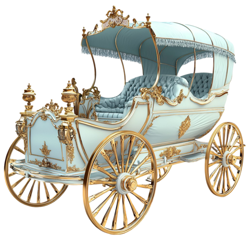 Royal carriage with intricate golden decorations and light blue details looks png