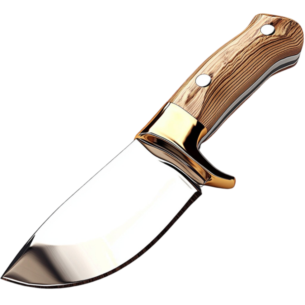 Shiny hunting knife with a wooden handle and a sharp blade looks and wellmade png