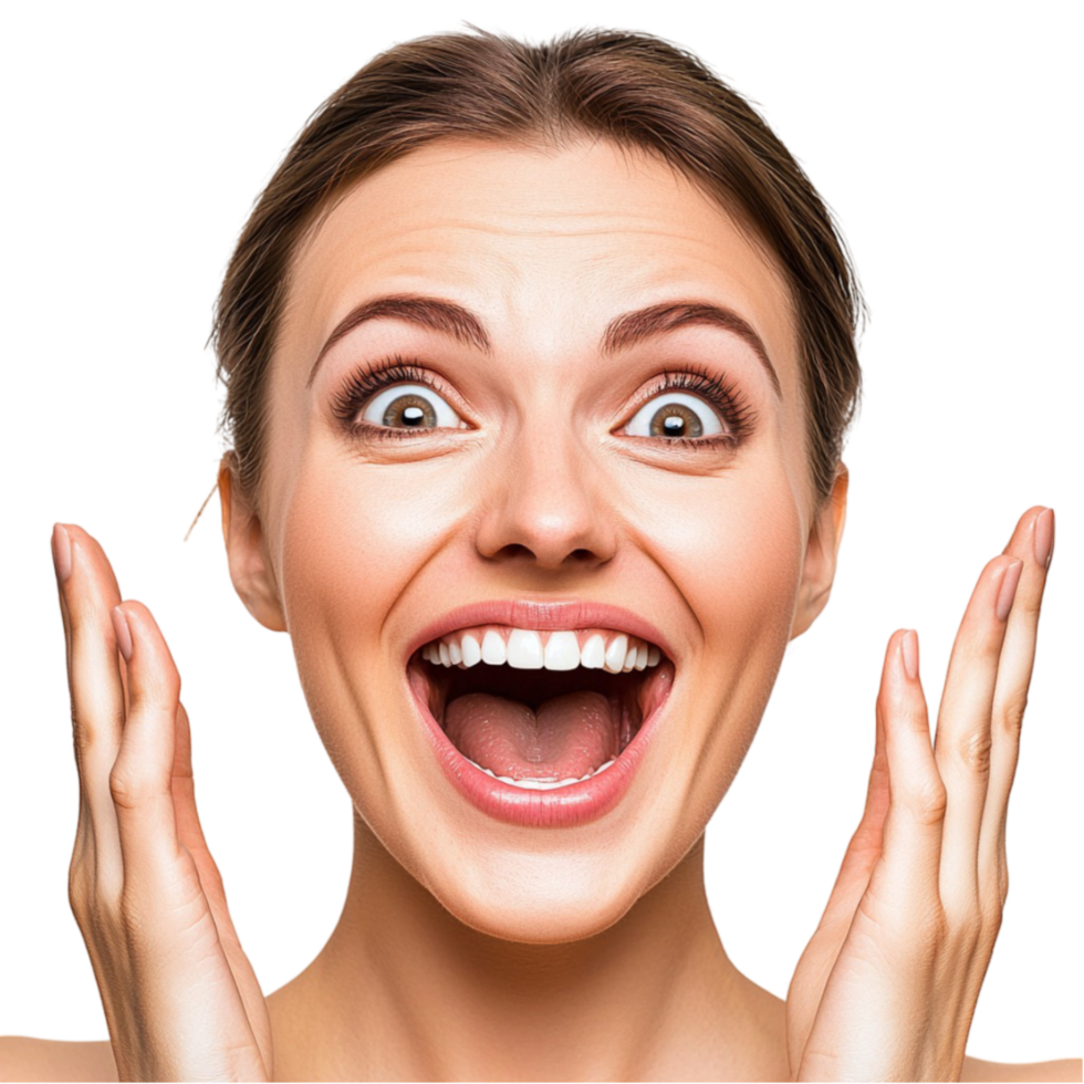 Excited woman with a big smile and wide eyes expresses joy png