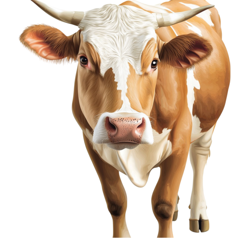 Brown cow grazes peacefully with white patches under a sunny sky png