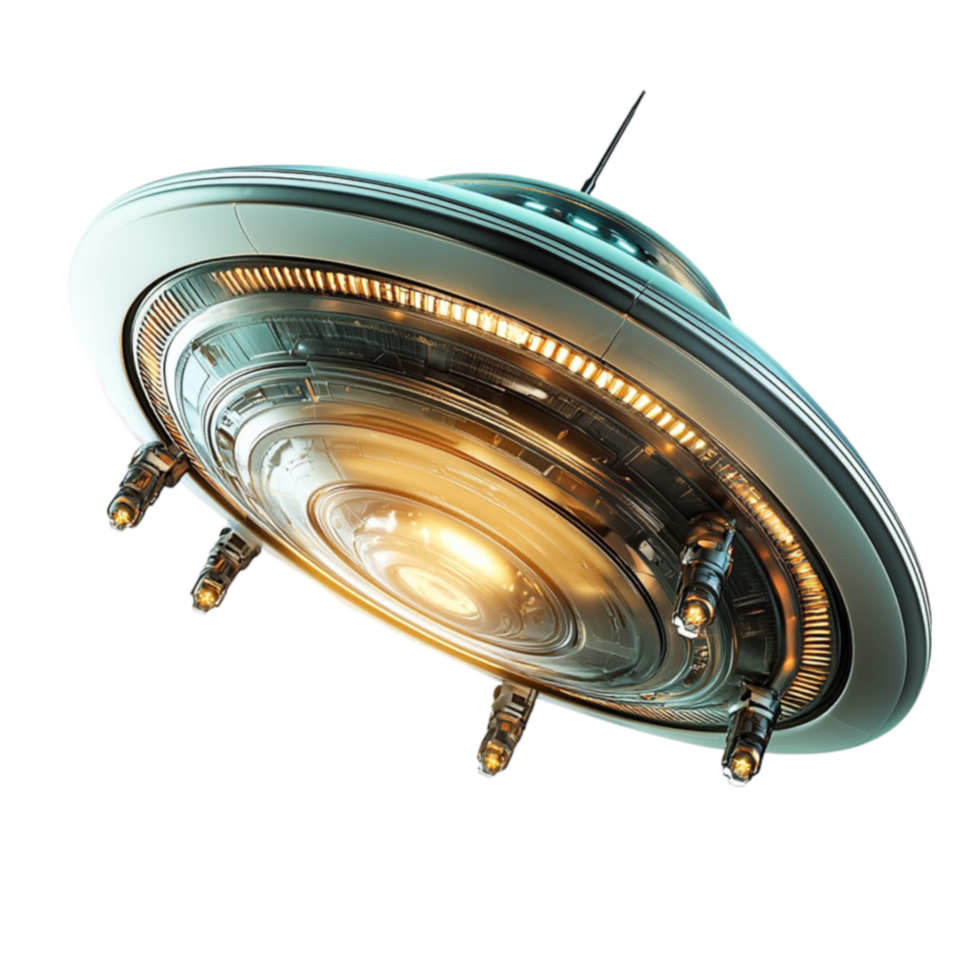 Metallic flying saucer with glowing lights hovers in the air with futuristic design png