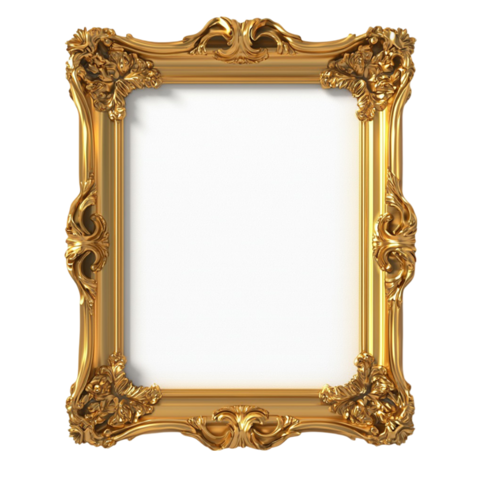 Ornate gold picture frame with intricate carvings and a vintage design stands empty and ready for display png