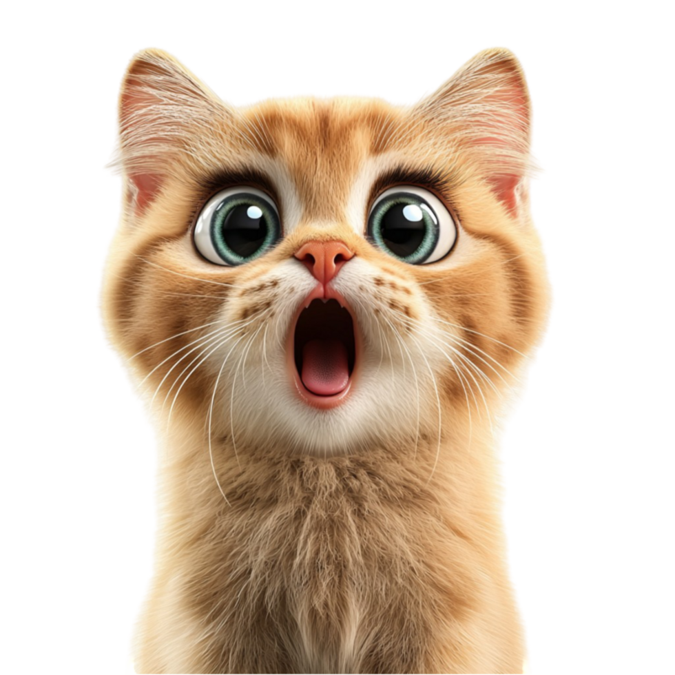 Adorable kitten with fluffy orange fur and big round eyes has an excited and surprised expression png