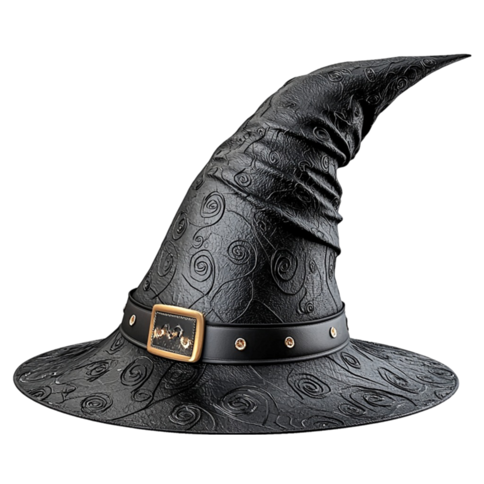 Black witch hat with a twisted tip and patterns exudes a mysterious and magical vibe png