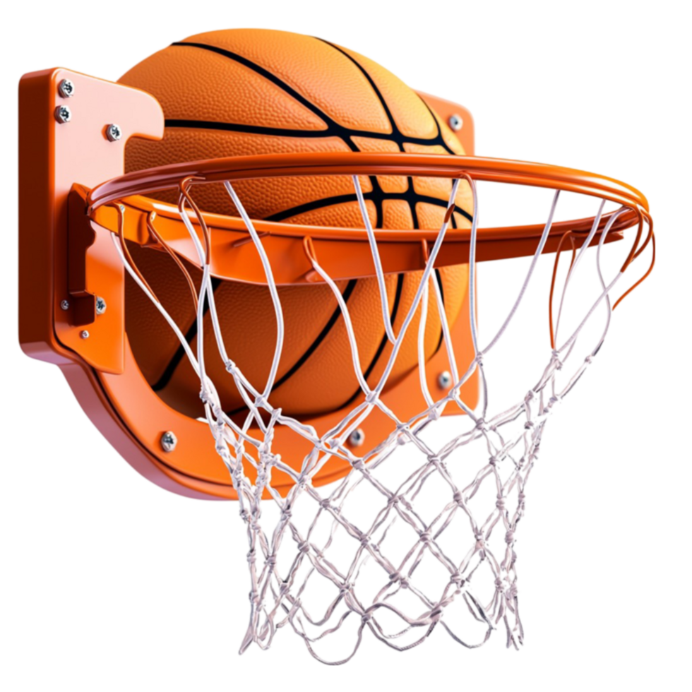 Orange basketball swishes through a hoop in an exciting game moment png