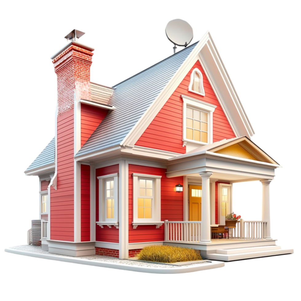 Cozy red house with a chimney and glowing warm lights looks inviting png