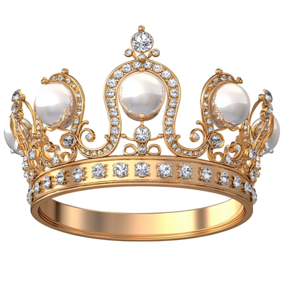 Ornate gold crown adorned with pearls and diamonds shines with royal elegance and luxury png