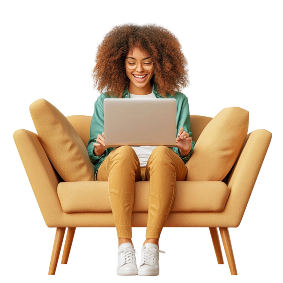 Woman es on a couch with a laptop enjoying a cozy digital moment png