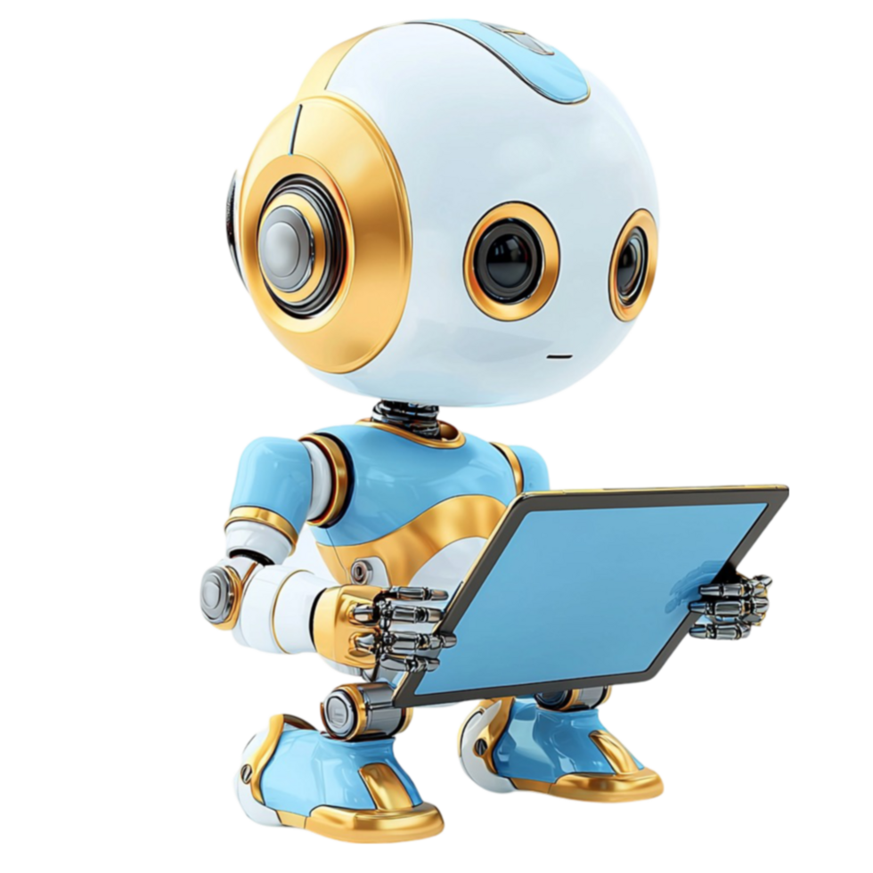 Blue robot holds a laptop with a cheerful face symbolizing tech innovation png