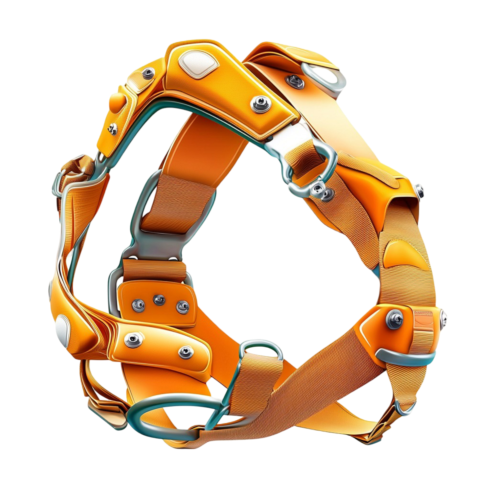 Orange and yellow safety harness with multiple straps and metal buckles looks strong and secure png
