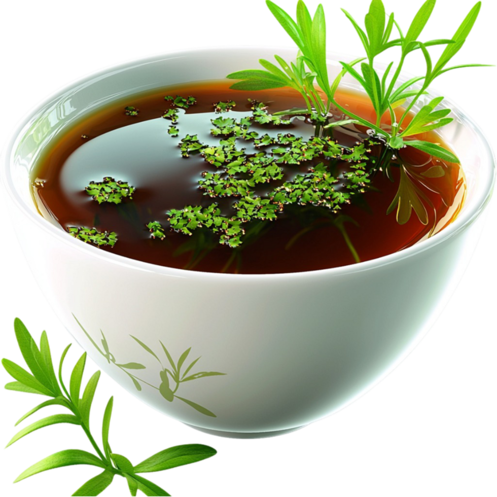 herbal tea with green leaves steeps in a white ceramic cup png