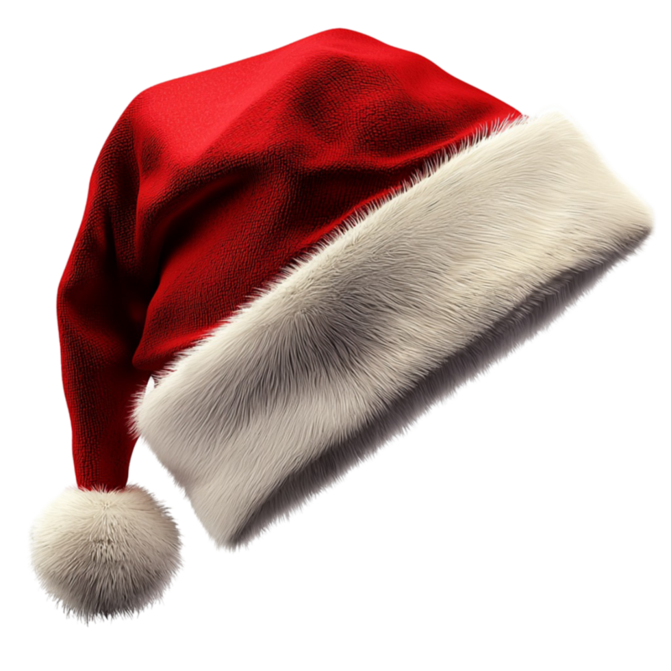 Red Santa hat sits plush with white trim evoking cheer png