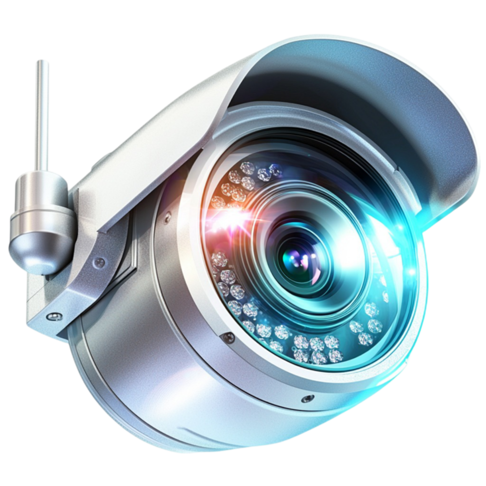 security camera with a glowing blue lens is actively monitoring png