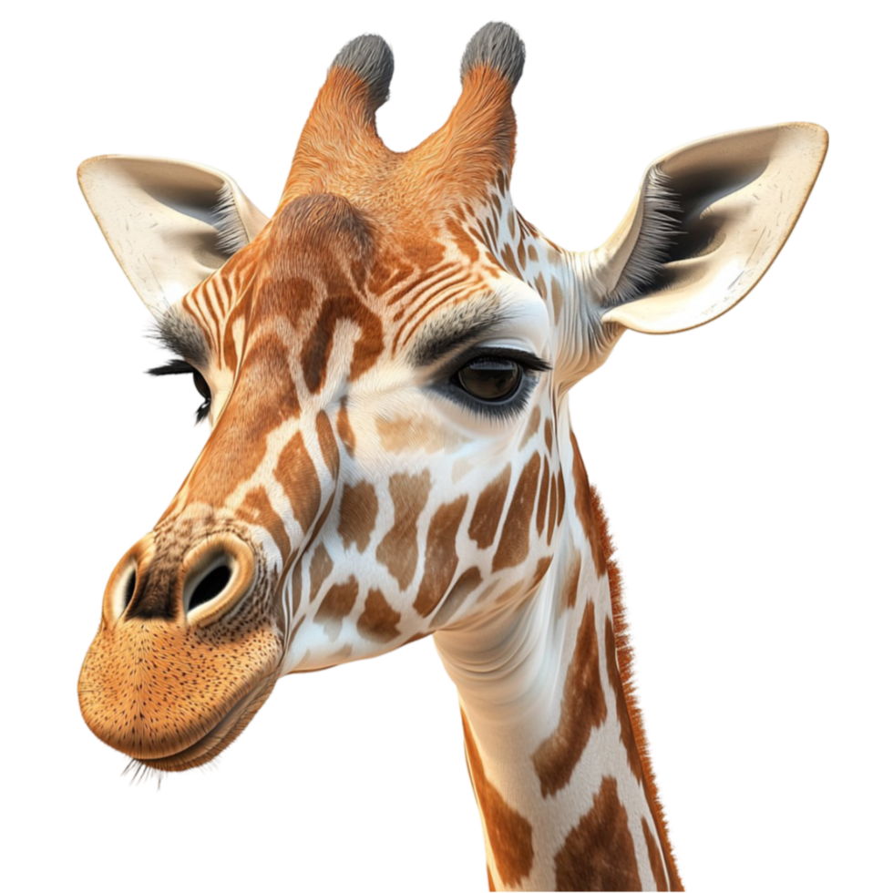 Gentle giraffe with long neck and unique spotted pattern gazes curiously ahead png