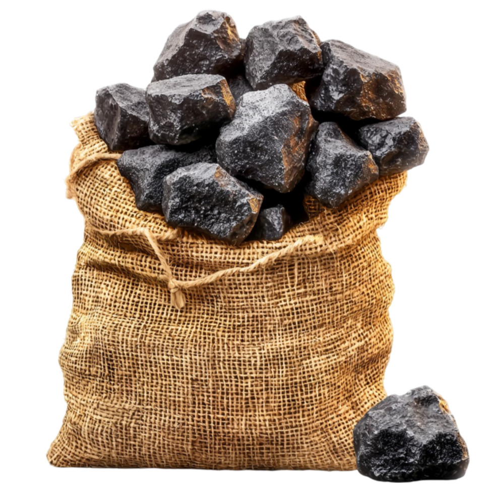 Burlap sack filled with rk charcoal pieces looks rough and heavy png
