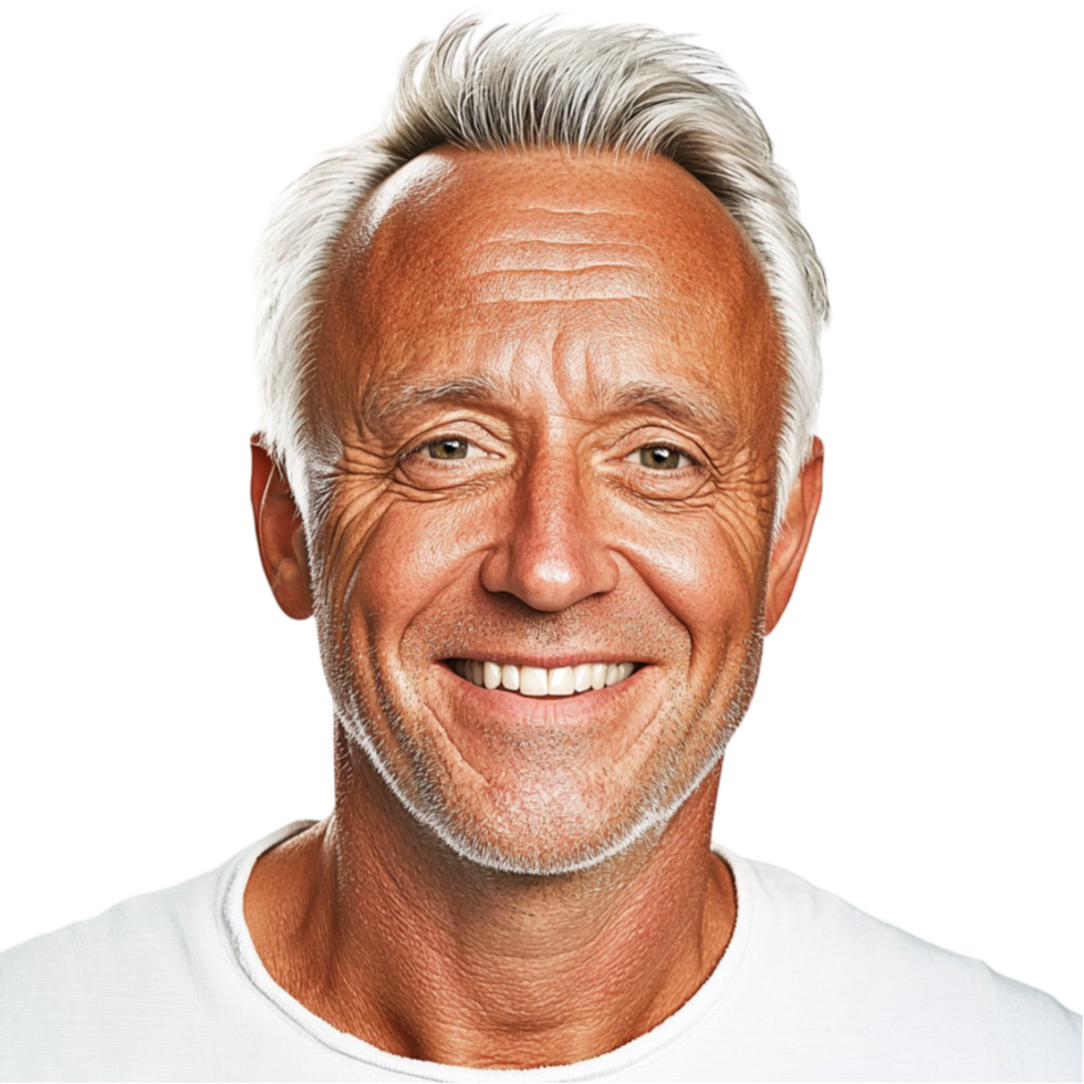 Elderly man with white hair and a cheerful expression looks warm and welcoming png