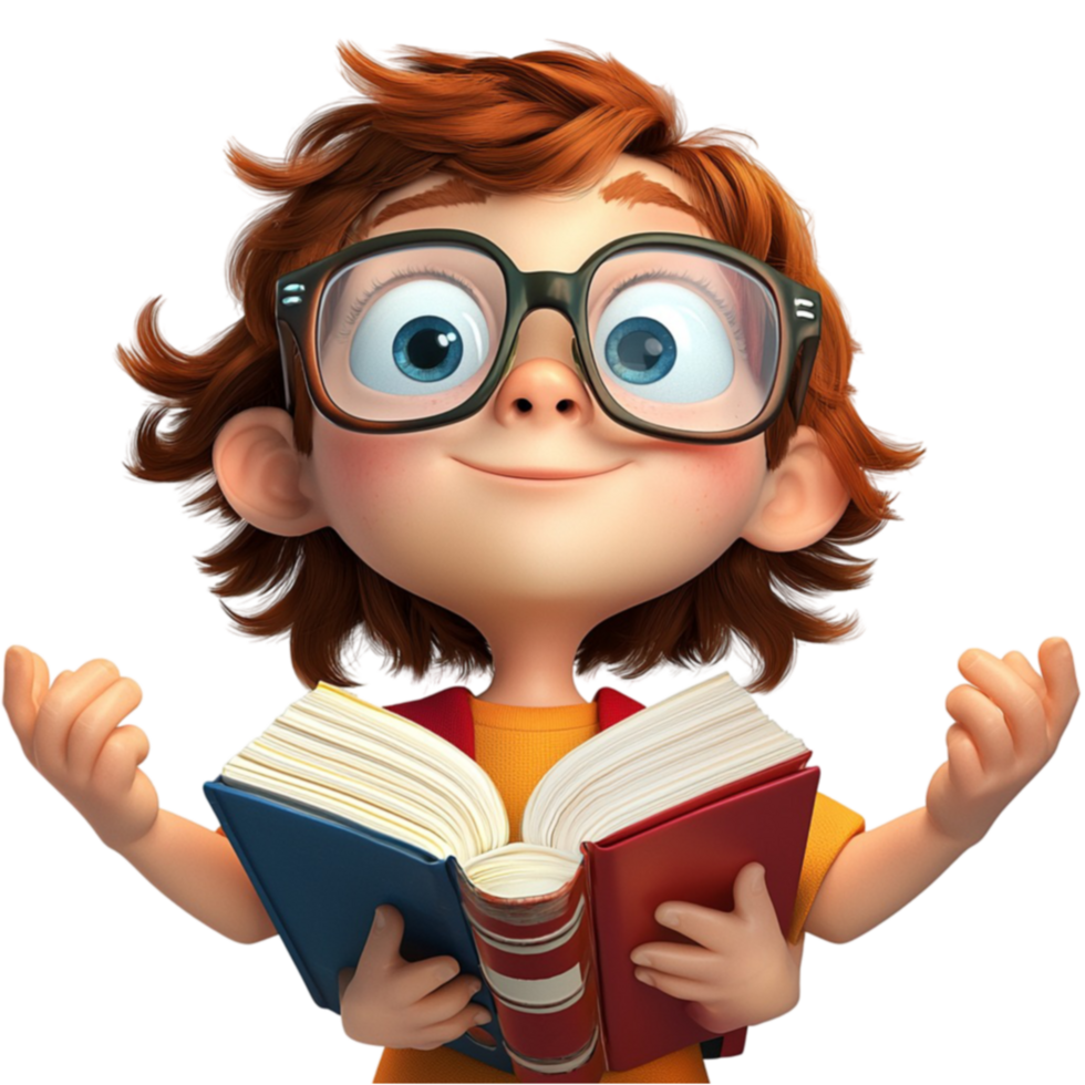 Smart young boy with big glasses and an open book is excited to learn png