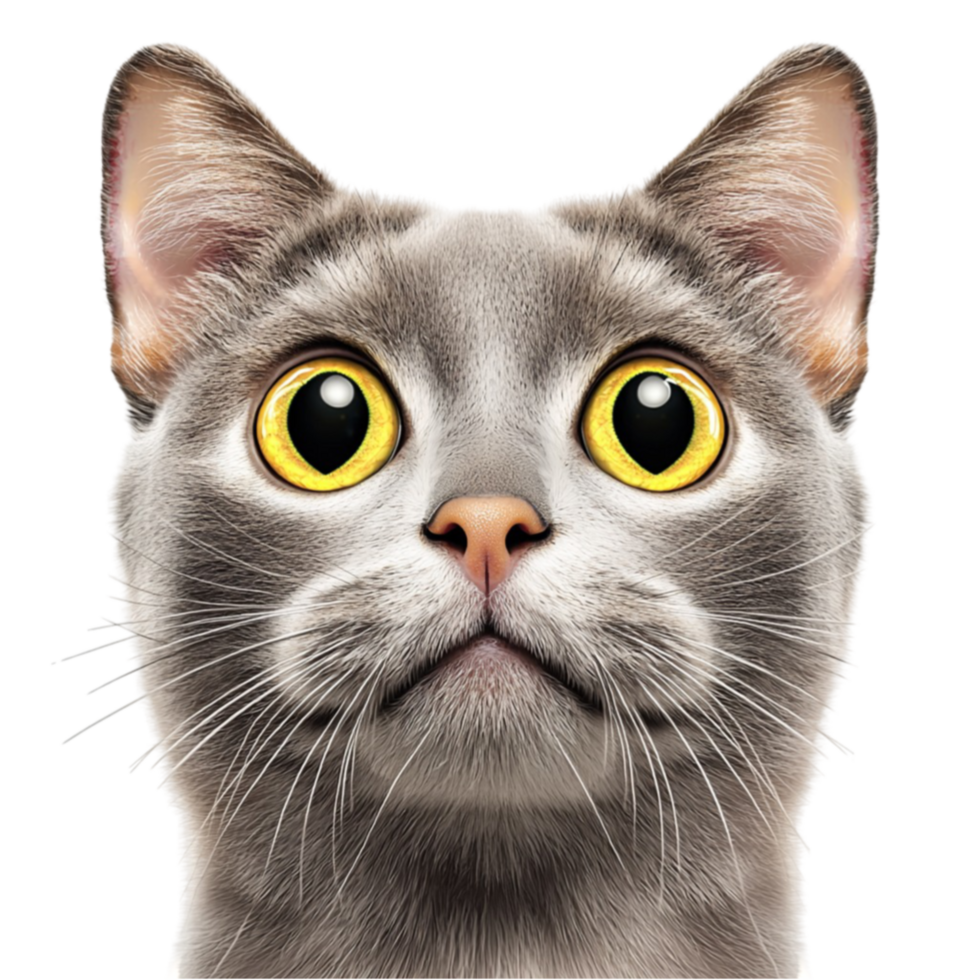 Gray cat with big yellow eyes and an innocent expression stares curiously at the viewer png