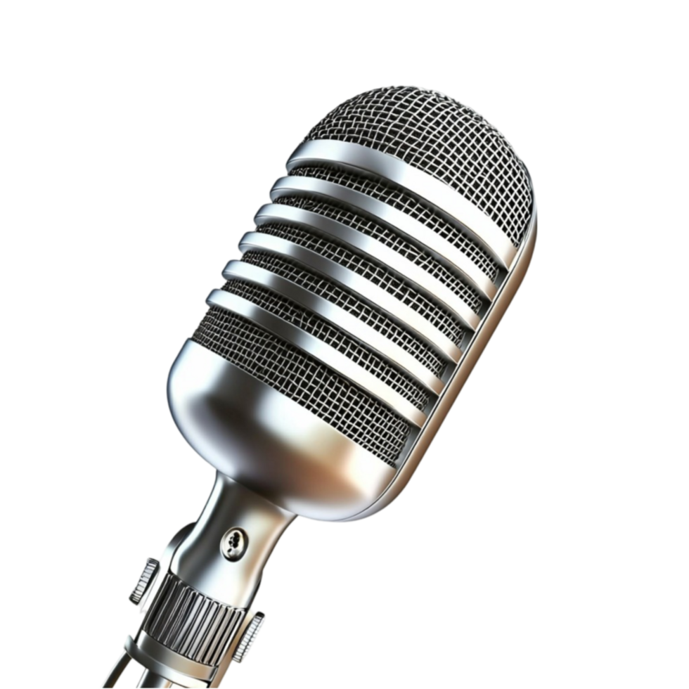 Silver microphone stands tall with ridges ready for powerful vocal performances png