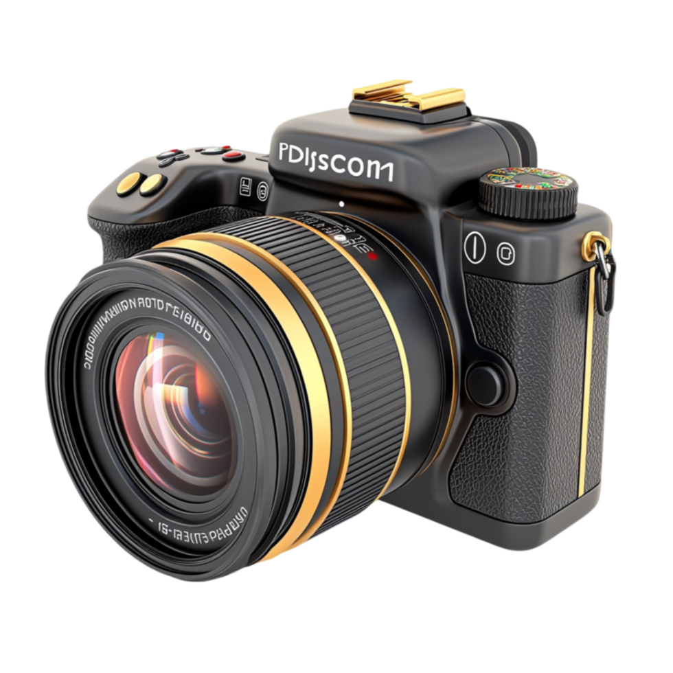 Professional camera shines black with a gold lens ready for graphy adventures png