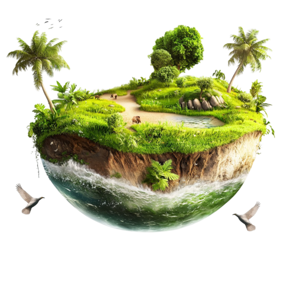 Tropical island floats lush with palm trees and blue waters evoking paradise png