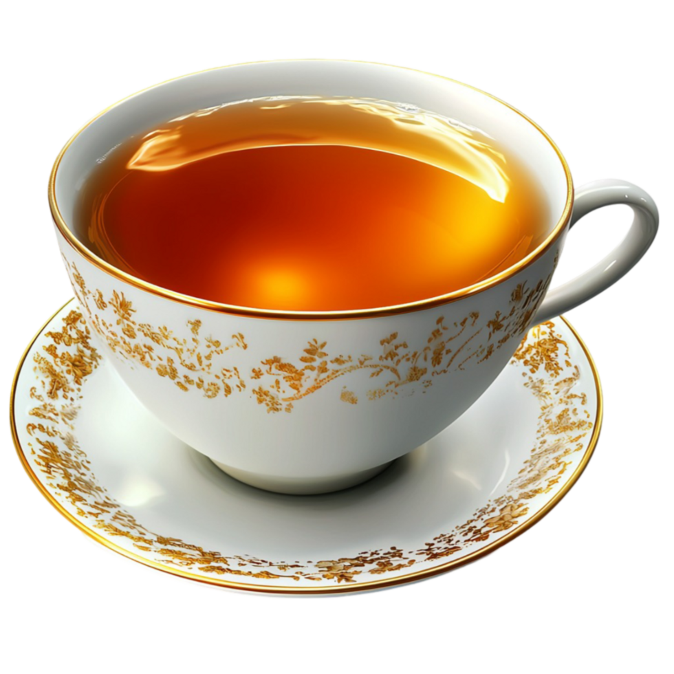 teacup holds amber tea inviting a red afternoon pause png