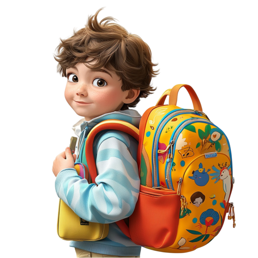 Young boy smiles ly with a colorful backpack heading to school png