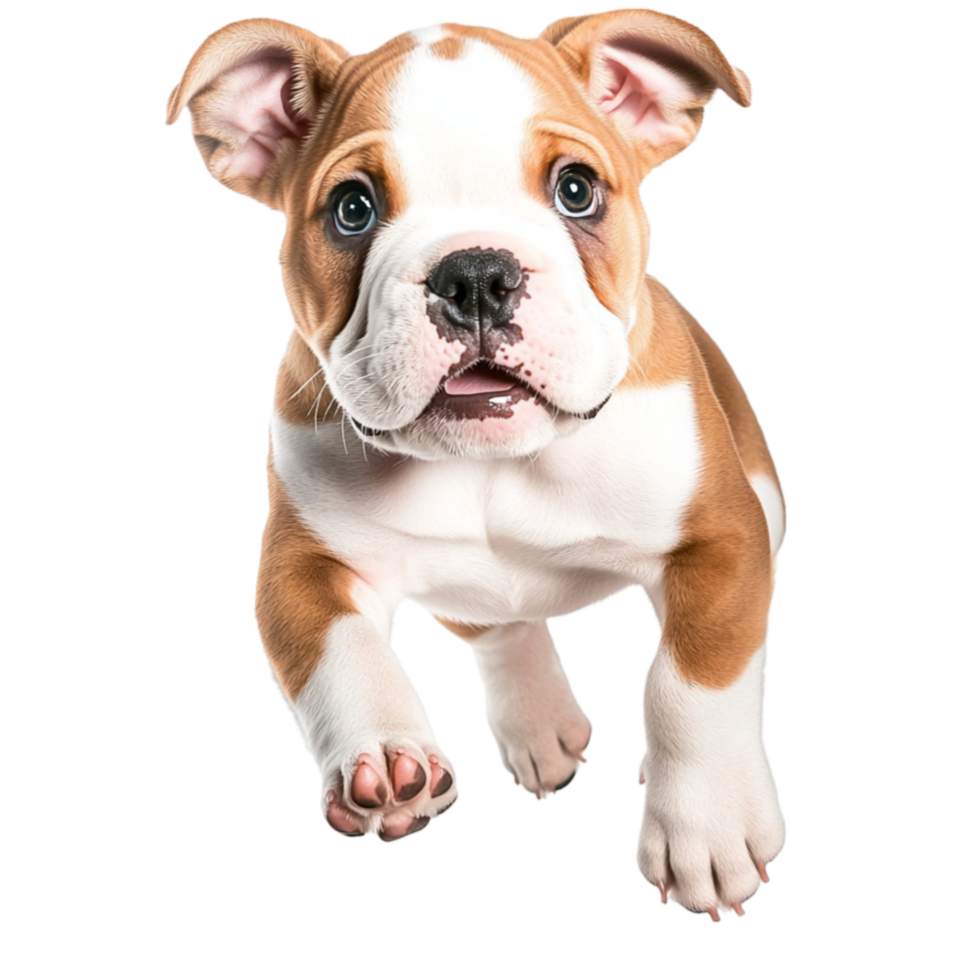 Bulldog puppy bounds forward with a playful expression full of energy png