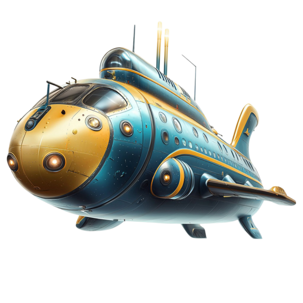 Blue submarine dives sleekly with periscope extended exploring ocean depths png