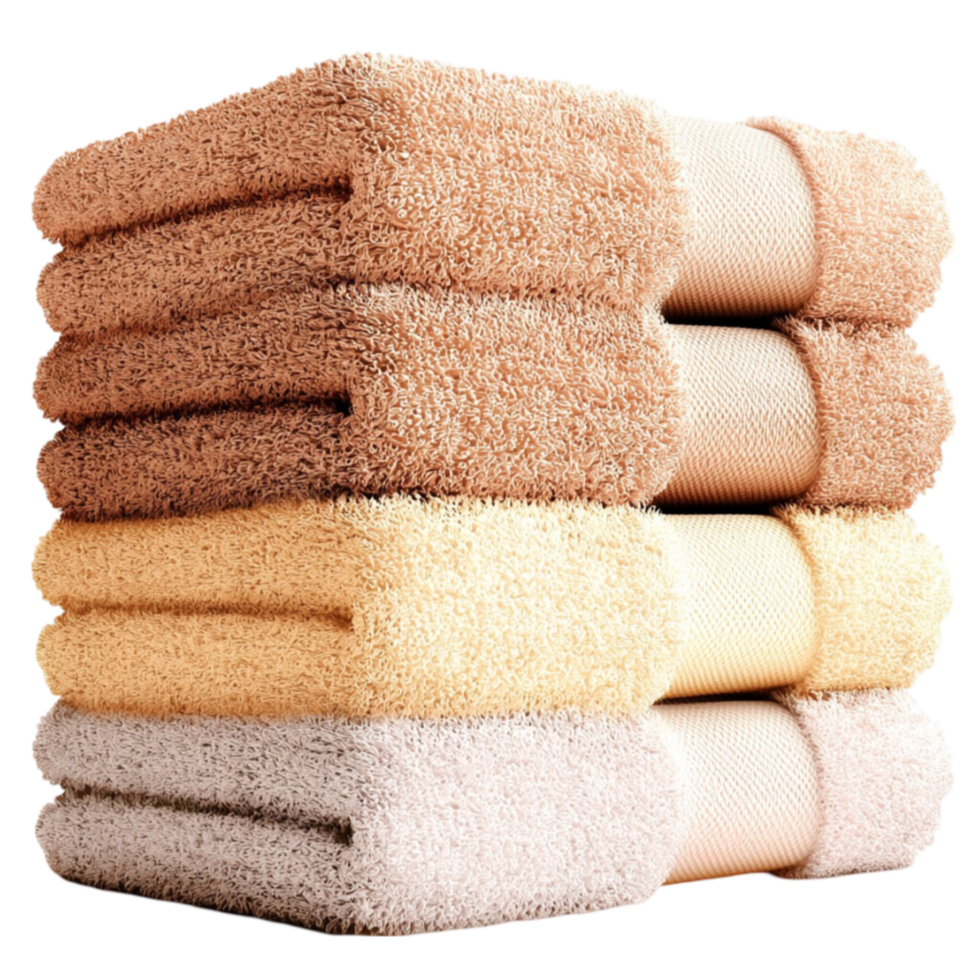 Stacked brown towels pile neatly offering cozy bathroom luxury png