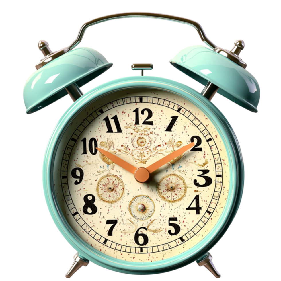Vintage teal alarm clock with Roman numerals displays an antique design png