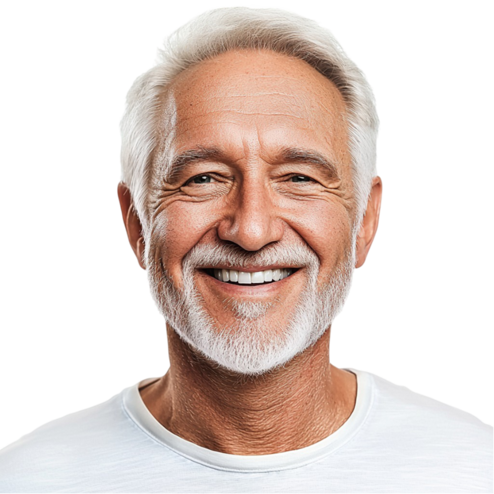 Elderly man beams with white hair and beard sharing wisdom and warmth png