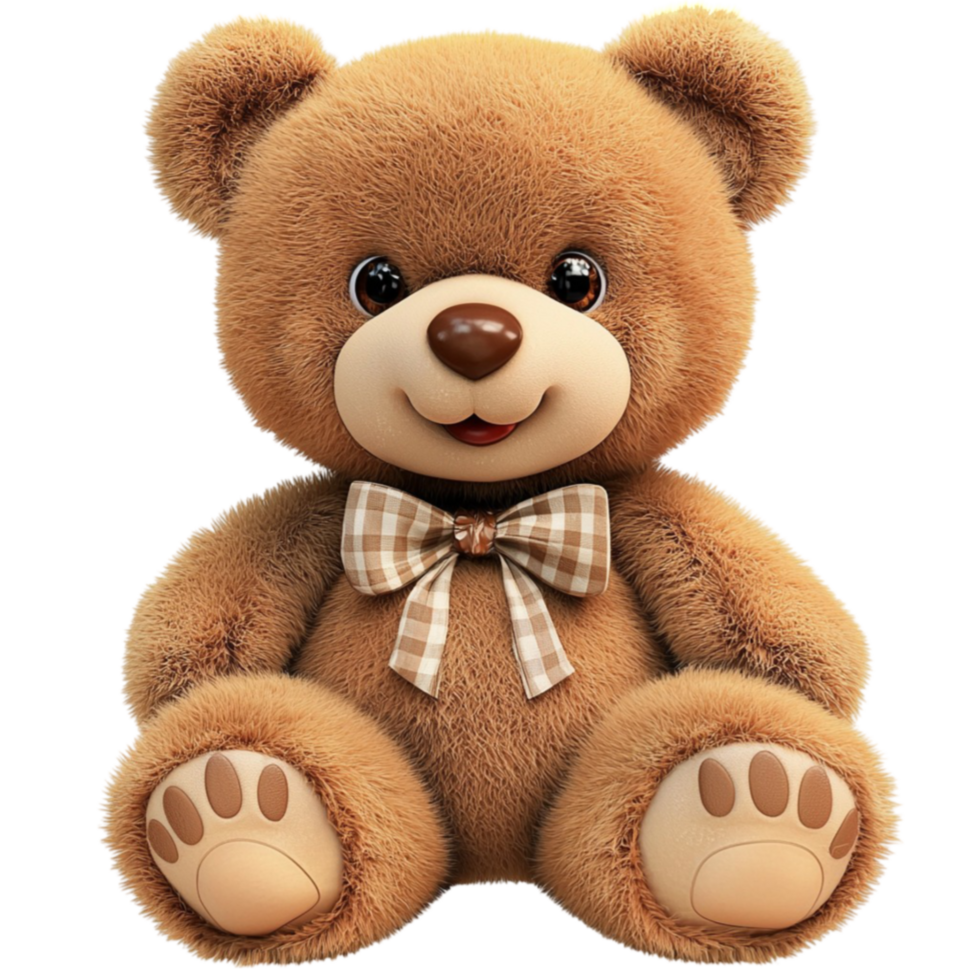 Teddy bear sits plush and brown with a bow inviting cuddly memories png