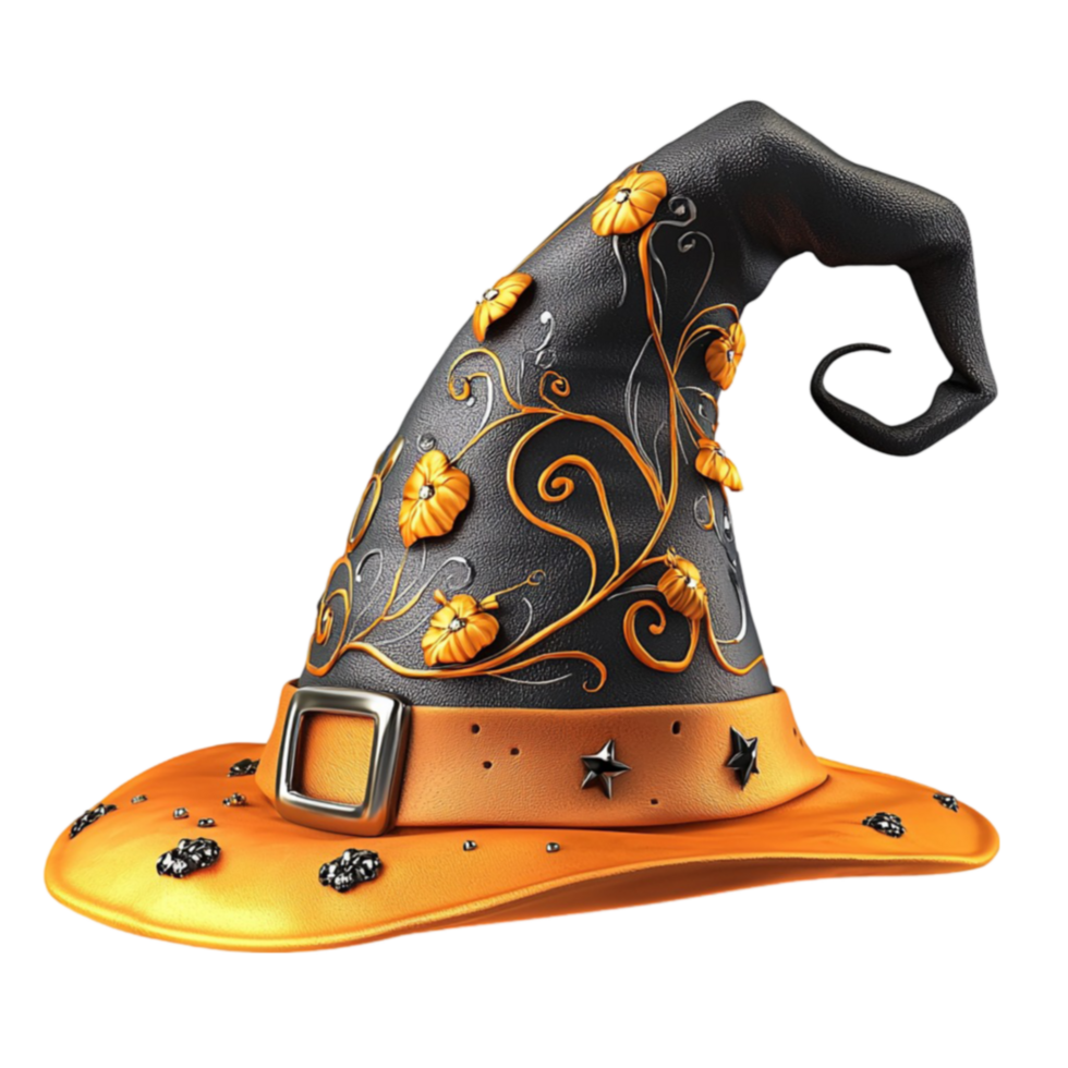 Witchs hat sits pointed and black adorned with stars for a magical costume png
