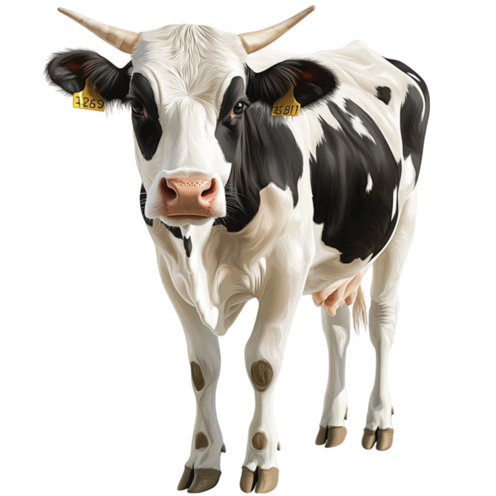 Brown cow stands calmly with black and white patches grazing peacefully in a field png
