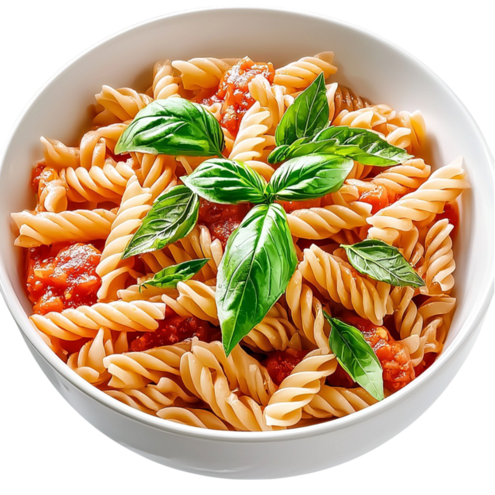 Pasta bowl brims with red sauce and green basil offering an Italian dining delight png
