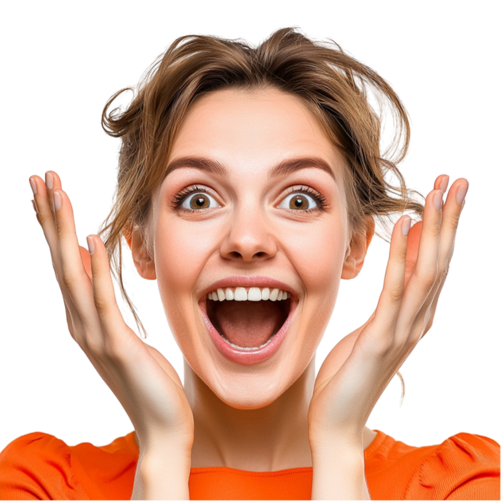 Woman opens her mouth wide with surprised eyes and orange shirt expressing shock png