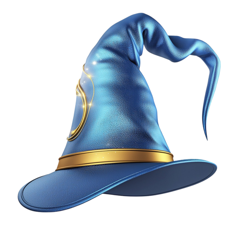 Blue witchs hat sits pointed with gold trim evoking magical fantasy charm png