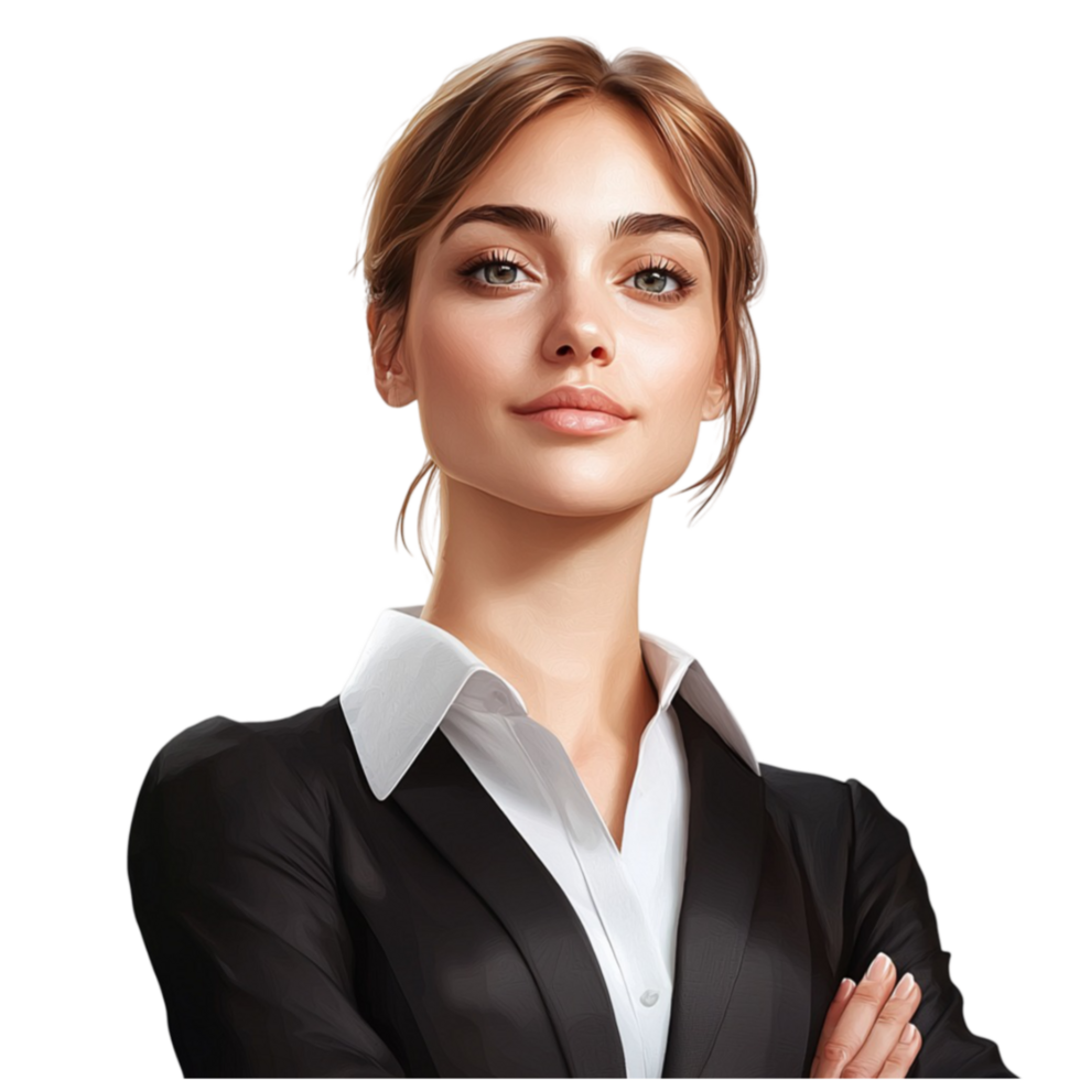 Confident businesswoman with tiedback hair looks professional and poised png