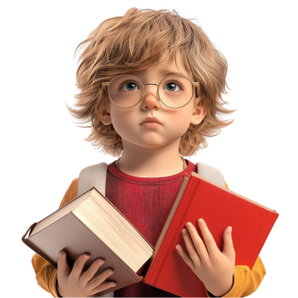 Young boy holds books with curious eyes wearing a red shirt eager for learning png