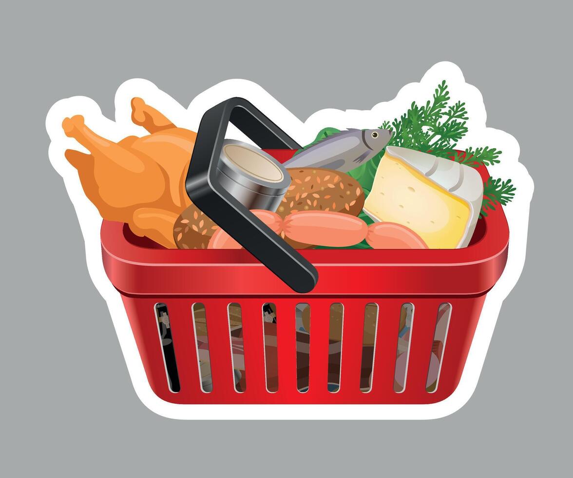 red grocery basket sticker with products on grey background vector