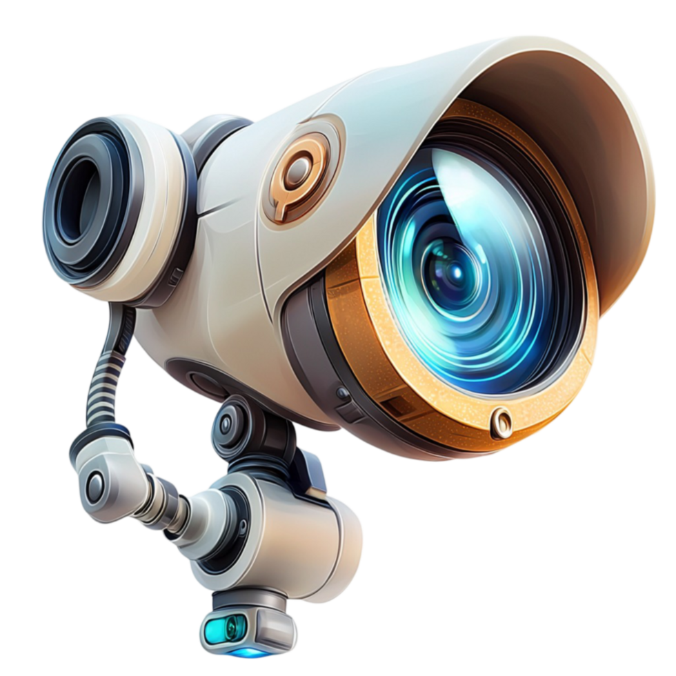 White robot telescope stands futuristic with blue lens scanning starry skies png