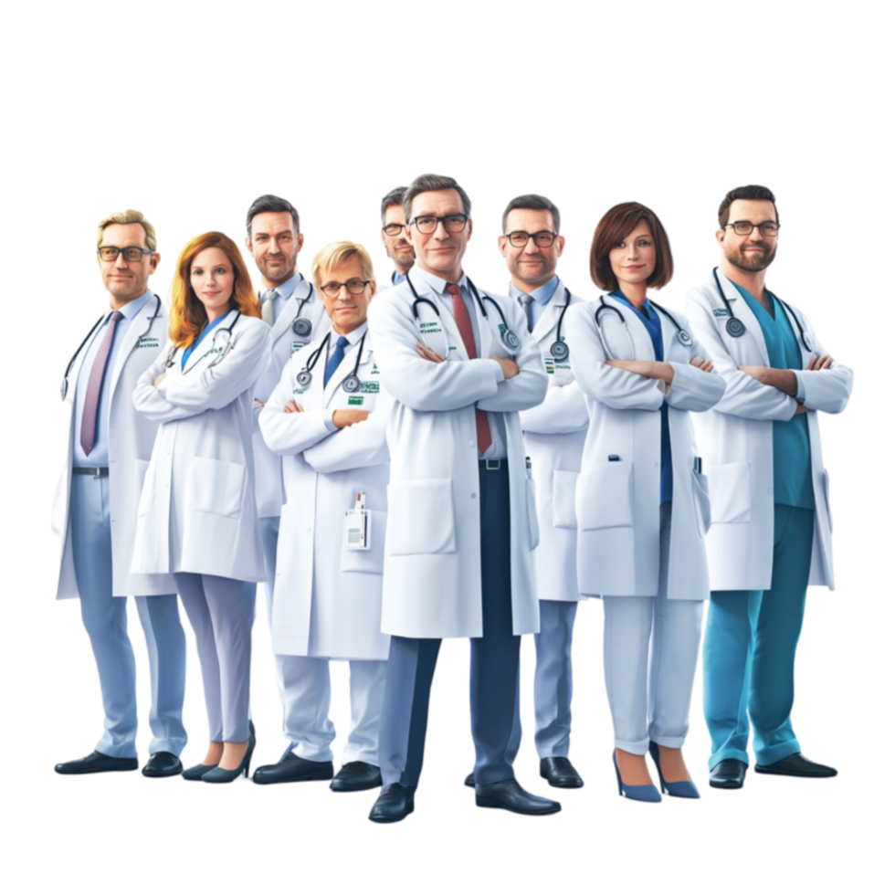 Doctors in white coats stand together smiling symbolizing healthcare teamwork png