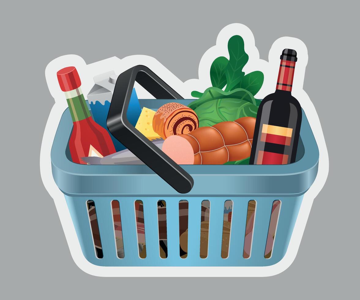 blue grocery basket sticker with products isolated on grey background vector