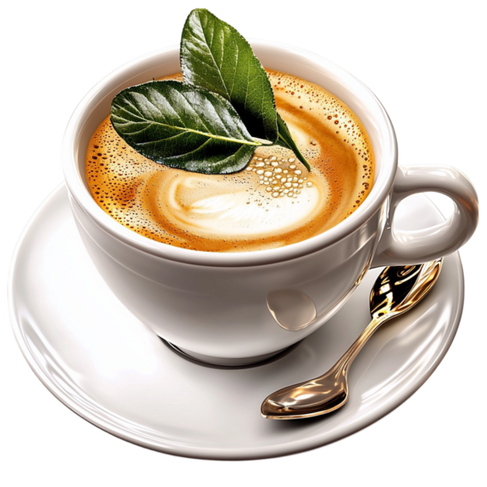 Cappuccino cup displays creamy foam with a leaf design inviting coffee lovers png
